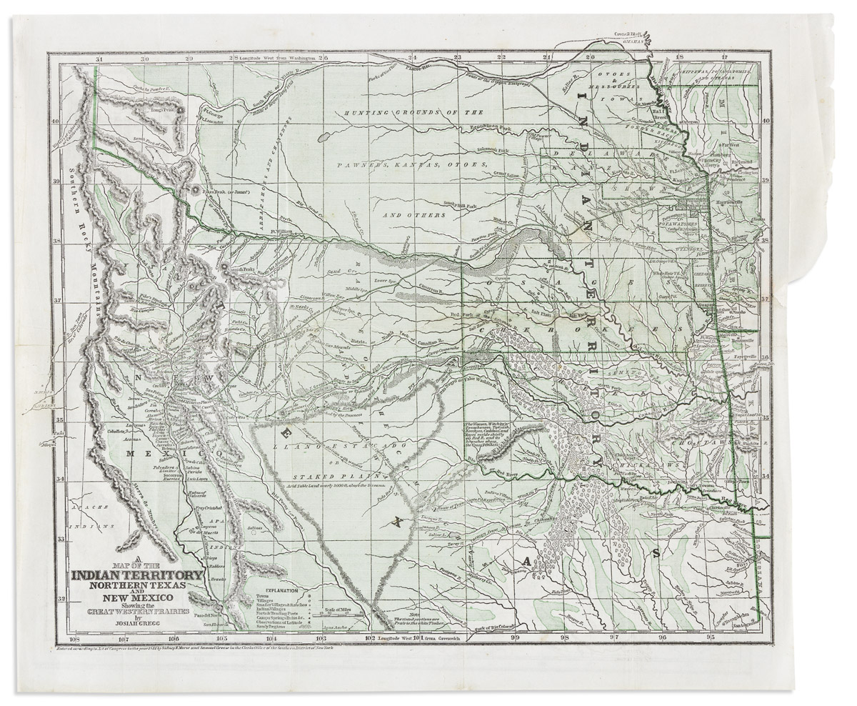 (AMERICAN SOUTHWEST.) Josiah Gregg. A Map of the Indian Territory Northern Texas and New Mexico Showing the Great Western Plains.